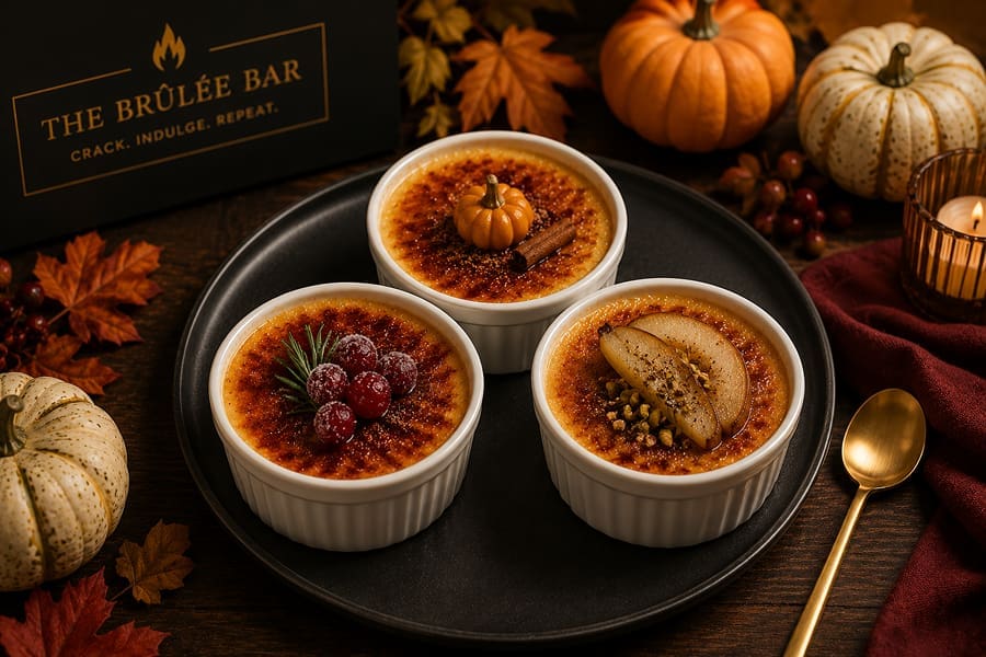 Three bowls of pumpkin creme brulee on a black plate, accompanied by a spoon, a candle in a glass